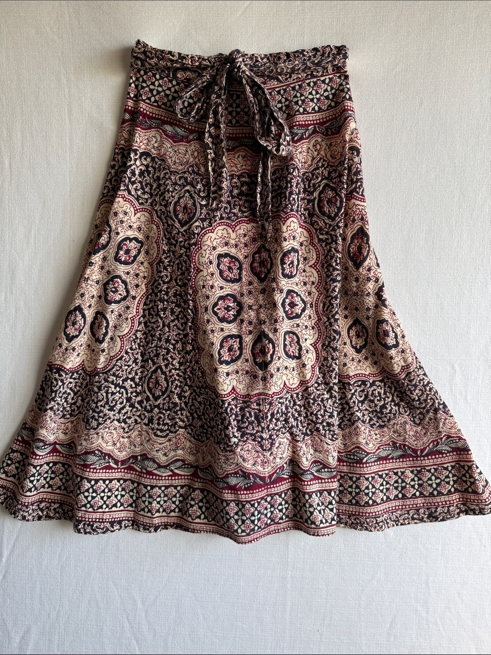 Bohemian A-Line Midi Skirt in Cream, Black & Burgundy